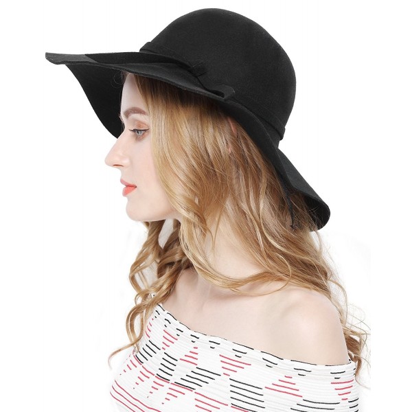 Women 100% Wool Wide Brim Cloche Fedora Floppy hat Cap - Black ...