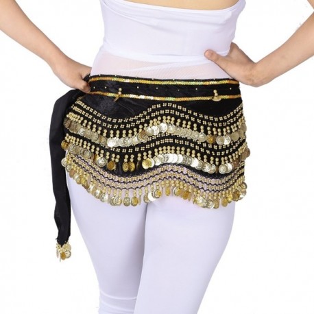 Women's Belly Dance Wave Shape Hip Scarf With Silver Coins - Black-Gold ...