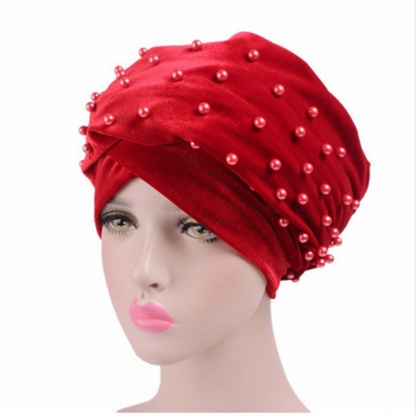 Helisopus Women's Luxury Velvet Turban Headband Pearl Pleated Long Head Wrap Hijab Tube Scarf - C51887O3DT7