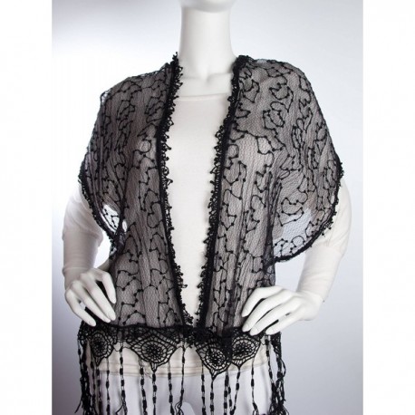 Adeline Scarf- Embroidered Shawl Stunning Crochet Lace Fringe - Black ...