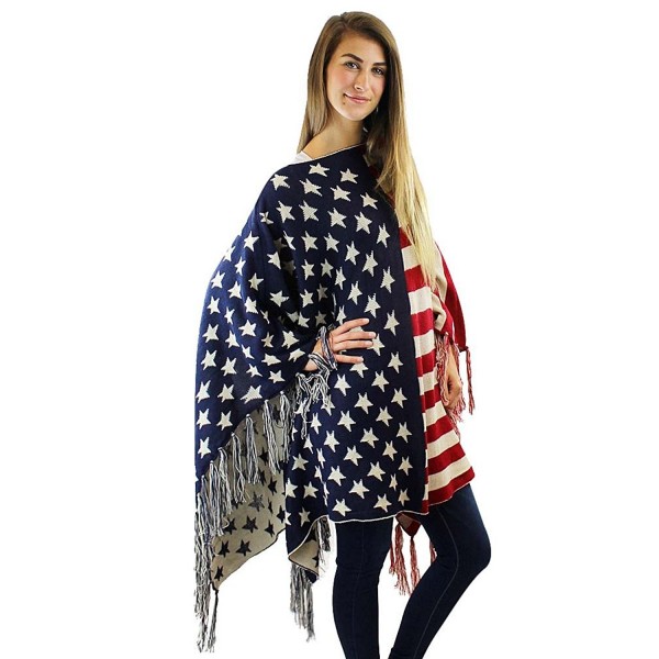 American Flag Print Knit Poncho With Fringe - CK12N7Y6LBR