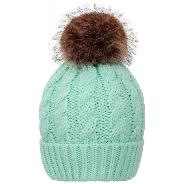 Men & Women's Winter Cable Knit Faux Fur Pom Pom Foldable Cuff Beanie ...