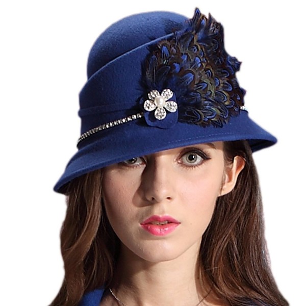 Women Winter Wool Felt Hats Chapeau Fedora Feather - Blue - CY11RUFGSXN