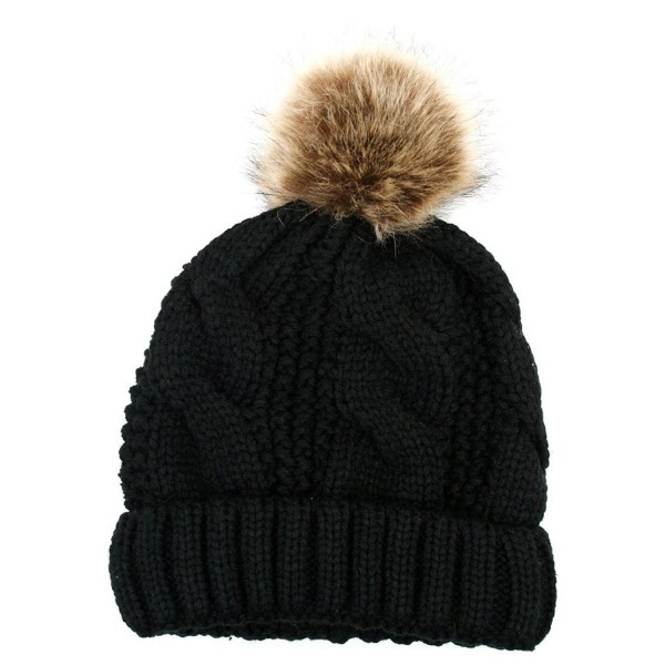 Women's Thick Cable Knit Beanie Hat With Soft Fur Pom Pom - Black ...