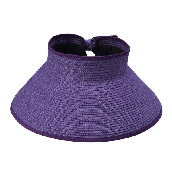 Womens Ladies Straw Hat Wide Brim Roll-up Sun Visor Purple - CV11KVFMNFL