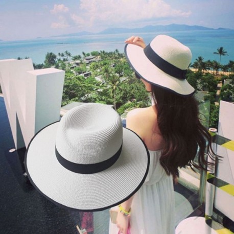 UPF50+ Women Wide Brim Straw Panama Hat Fedora Foldable Beach Sun Hat ...