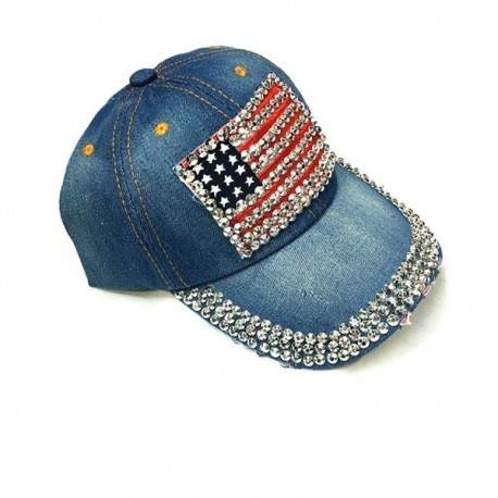 Women American Flag Rhinestone Jeans Denim Baseball Adjustable Hat Blue ...